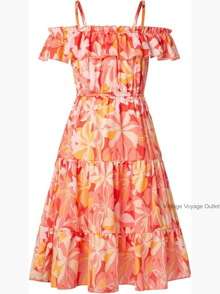 Girls Off Shoulder Floral Tiered Midi Sundress Ruffle Spaghetti Strap